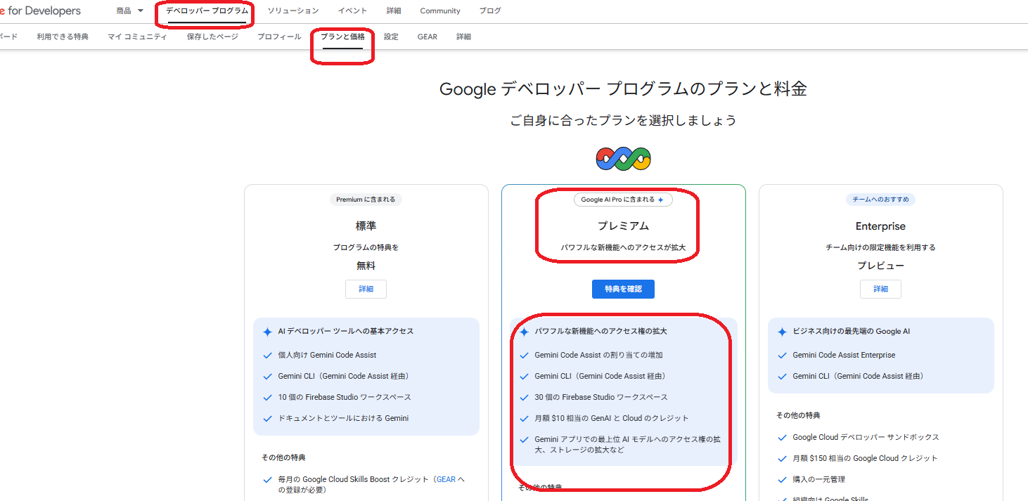 Google デベロッパープログラムのプランと料金。プレミアムに「Google AI Pro に含まれる」と表示