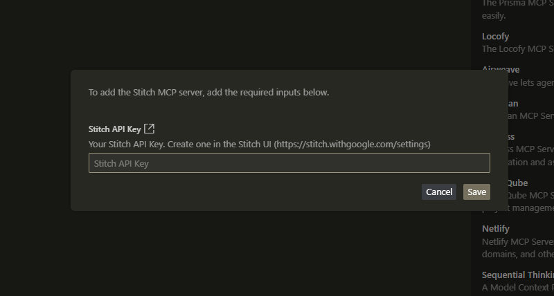 Stitch APIキーを貼り付ける入力欄