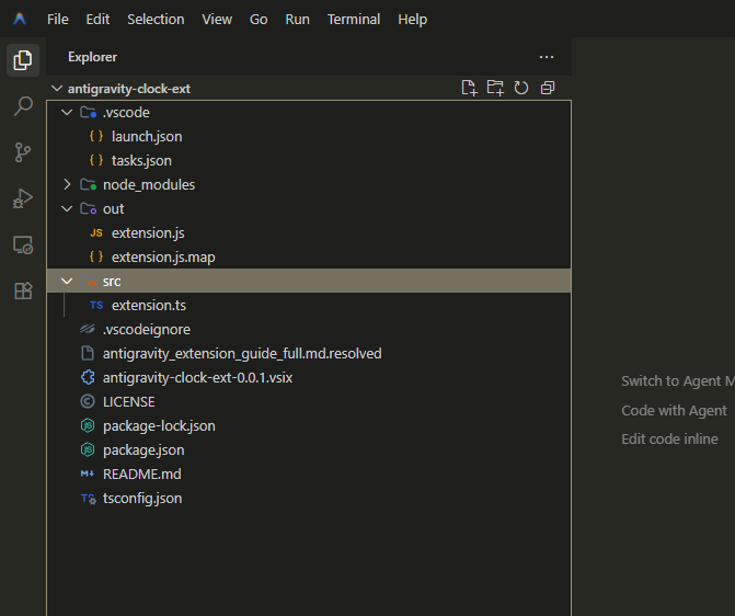 Antigravity拡張機能プロジェクトの最終的なフォルダ構成(Node利用、.vscode、out、src など)