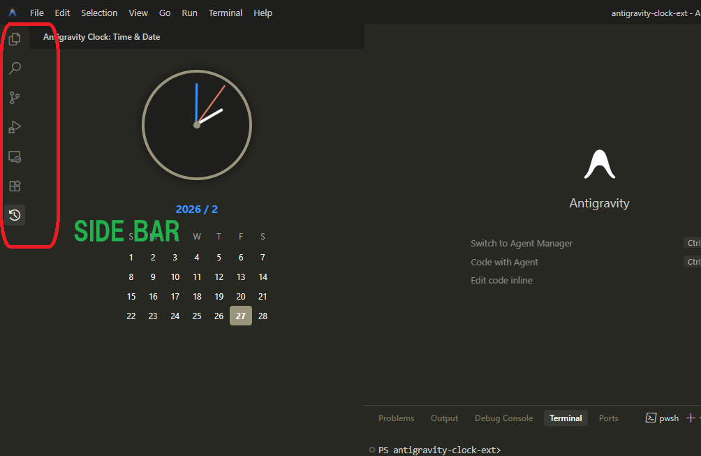サイドバー(Activity Bar)と Webview。左に拡張機能アイコン、右に時計・カレンダーが表示されたパネル。