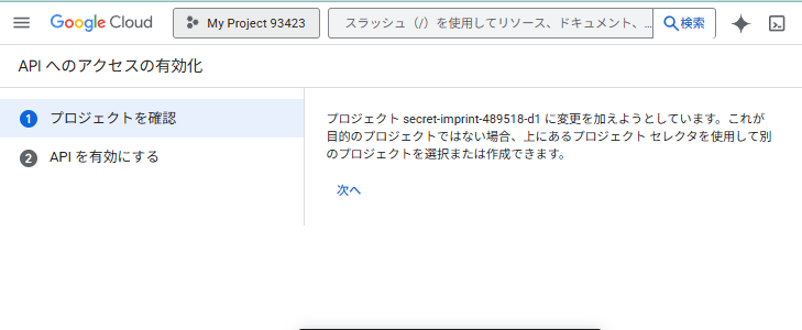 API へのアクセスの有効化：プロジェクト確認画面