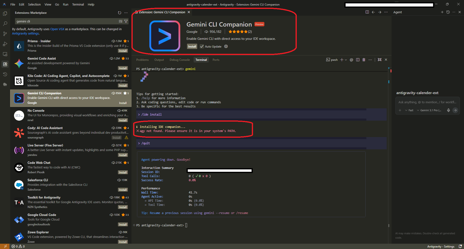 CLI 起動と /ide install で agy not found