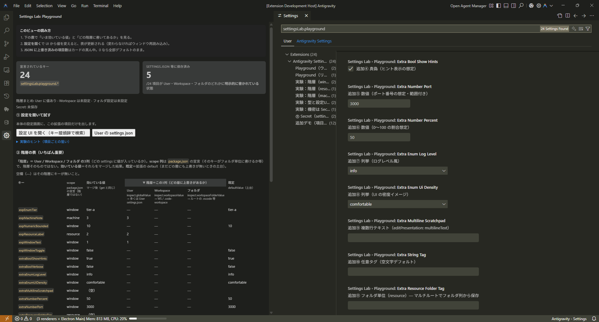Extension Development Host。左に Settings Lab Playground の階層表、右に設定 UI で settingsLab.playground を検索した状態。
