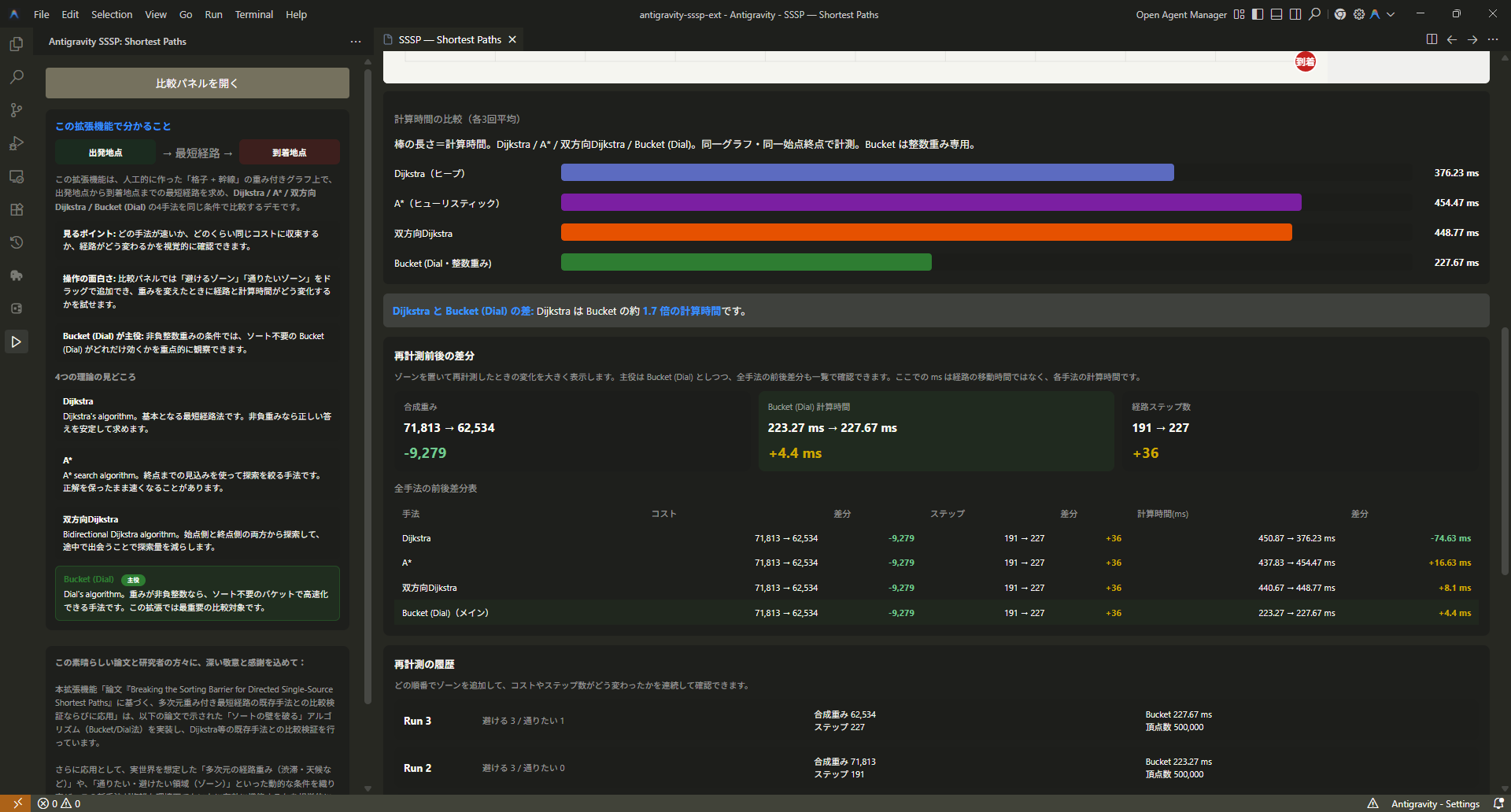 計算時間の横棒グラフと再計測差分、履歴リスト