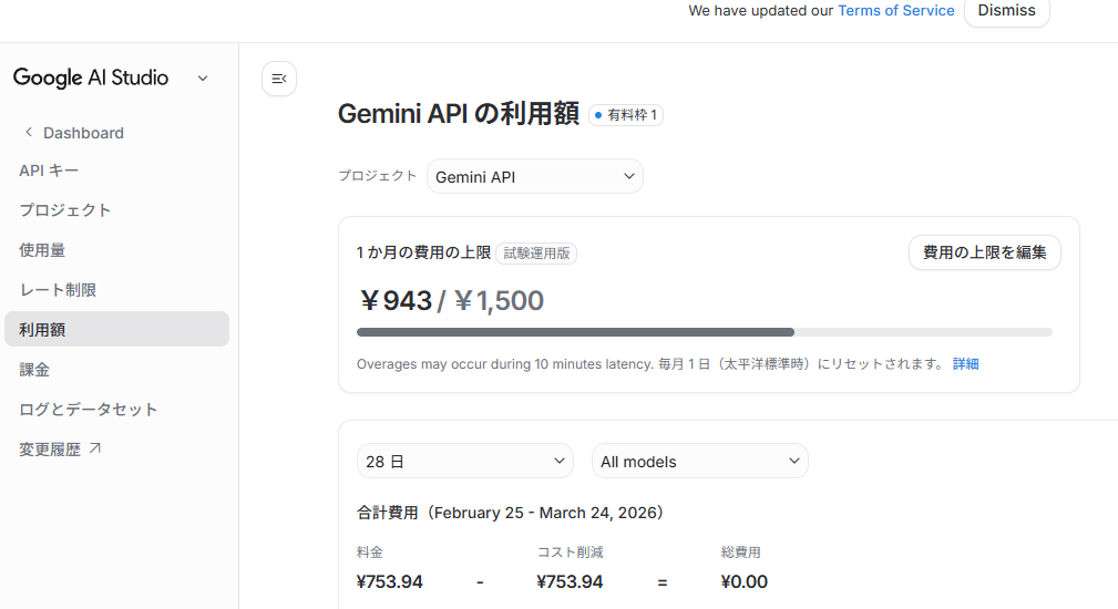 Google AI Studio の Gemini API 利用額画面。月次上限と利用額のバー、遅延に関する注意文言の例